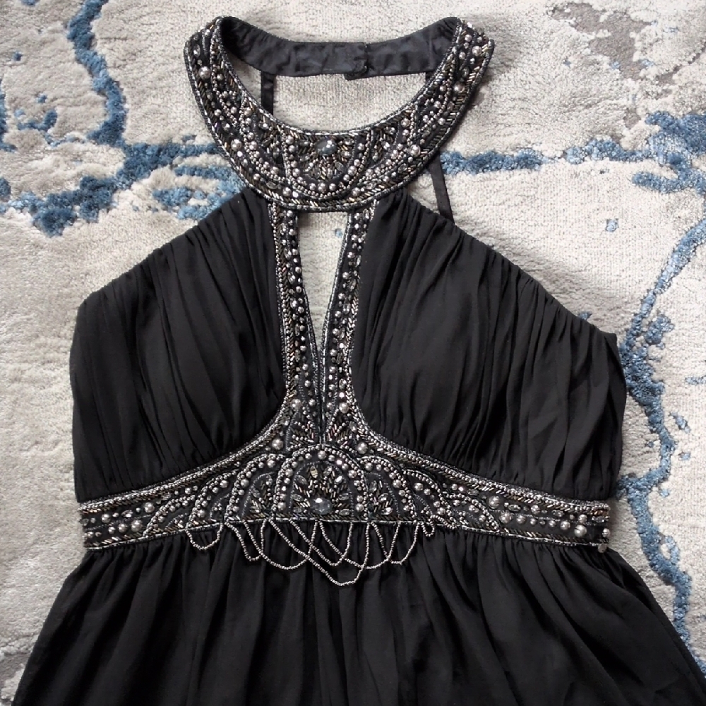 Elegant Black Halter Gown with Silver Embellishments